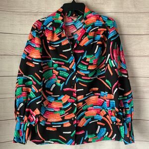 Vintage Pykettes Multi-Colored Button Up Blouse Long Sleeve Collared V-Neck Neon